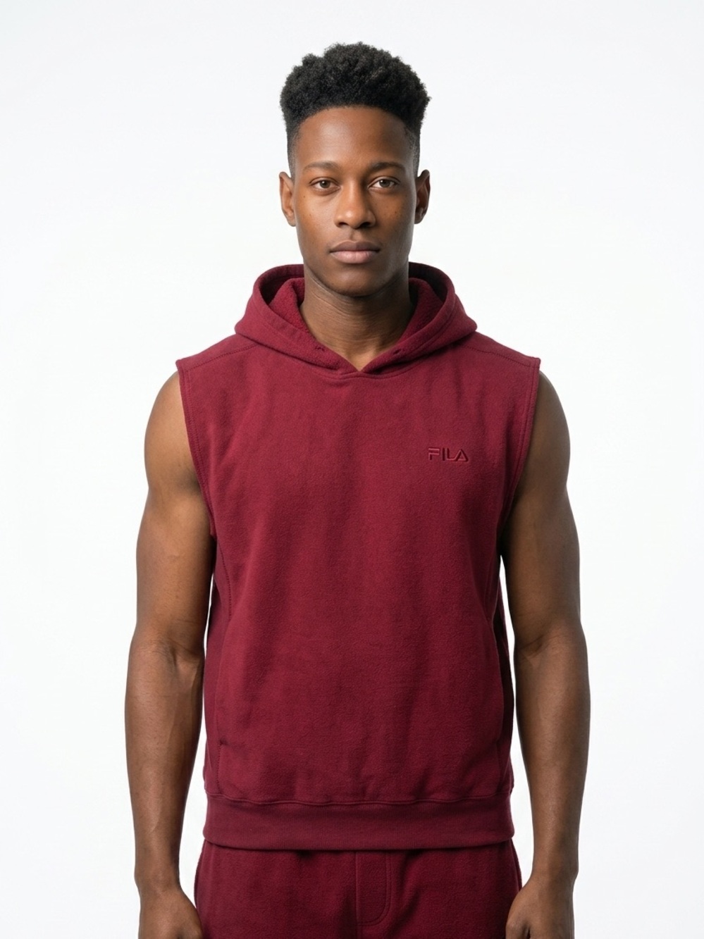 🔴 FILA Sleeveless Hoodie Vest Burgundy Fleece XXL Streetwea
